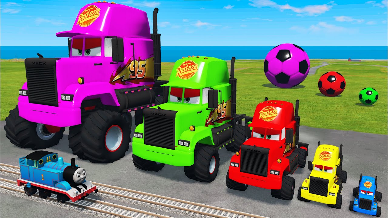 5 MONSTER TRUCKS vs Big & Small Long Mack Truck with Ball vs Train Thomas - BeamNG.Drive