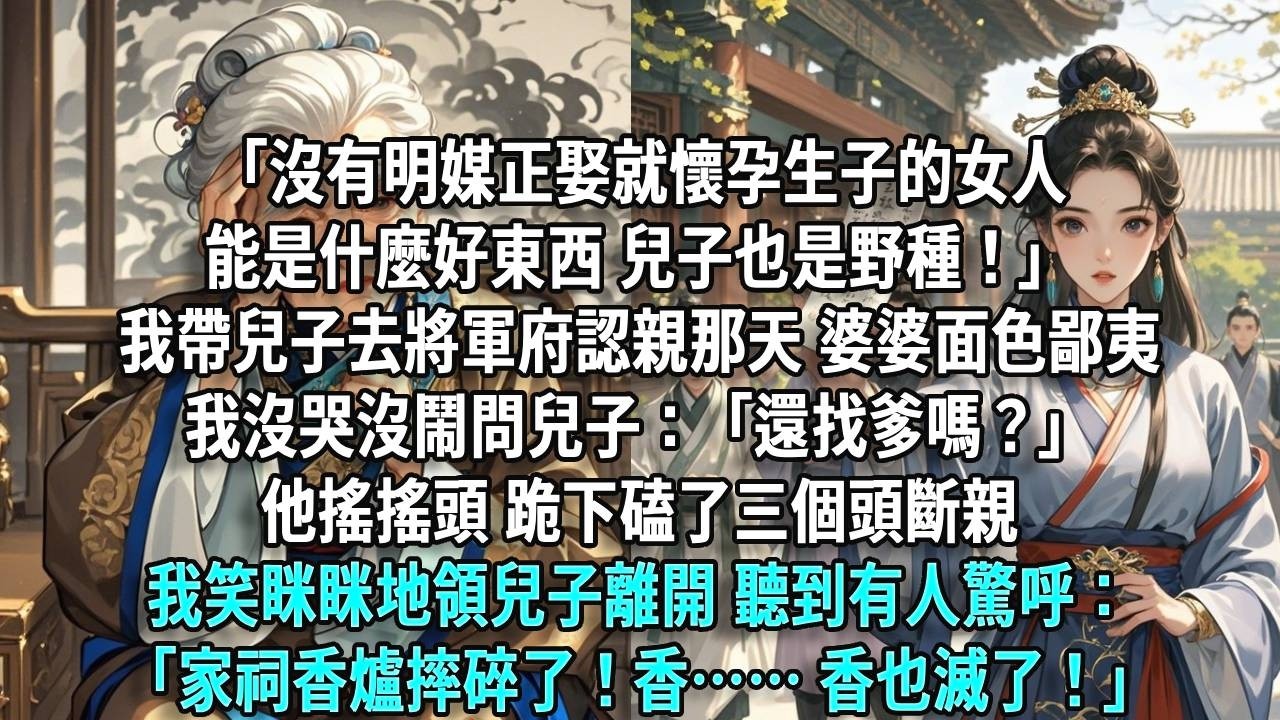 「沒有明媒正娶就懷孕生子的女人，能是什麼好東西，兒子也是野種！」我帶兒子去將軍府認親那天，婆婆對我破口大罵，面色鄙夷。我沒哭沒鬧，問兒子：「還找爹嗎？」他搖搖頭，跪下磕了三個頭斷親。我笑眯眯地領兒子離