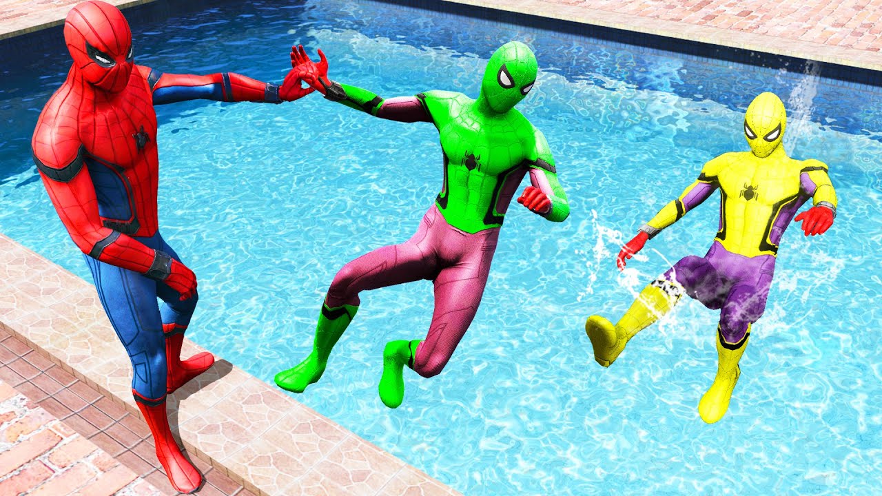 GTA 5 Water Ragdolls Spiderman vs Green Spiderman vs Yellow Spiderman Jumps Fails (Euphoria Physics)