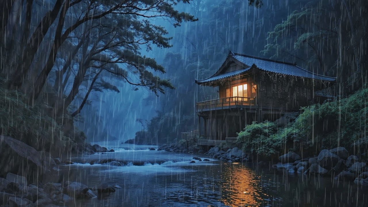 Heavy Rain Over Forest River at Night | Peaceful Woodland Stream Flow for Deep Relaxation & Sleep