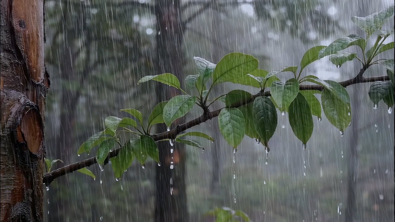 Sleep or Relax with Heavy Rain Sounds without Thunder on Forest Leaves, Ultimate Calm For Insomnia