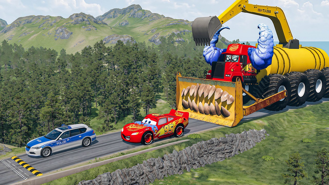 Giant CRANE SQUEEZER Mack Truck Eater VS Cars Lightning McQueen & Police Car - Beamng.Drive