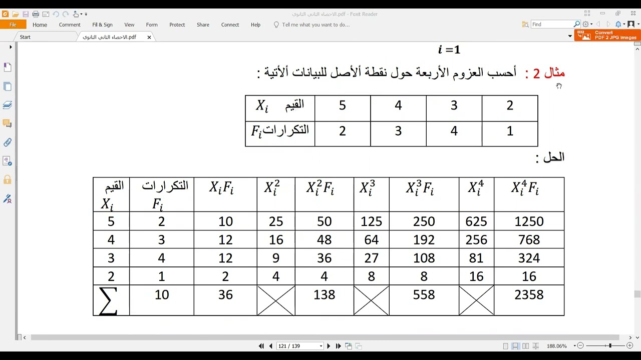 العزوم : العزوم حول نقطة الأصل ،  العزوم حول المتوسط الحسابي