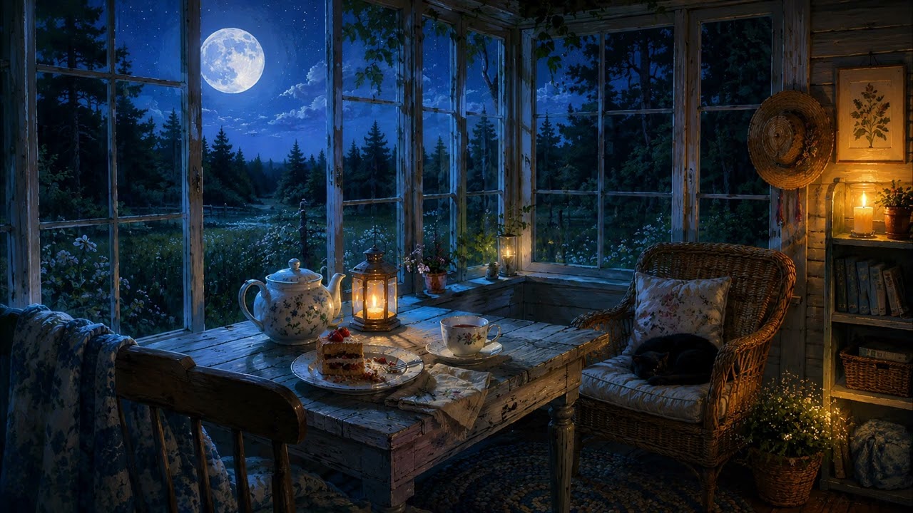 🌙 Moonlit Cottage Night | Seasons Room Tea, Strawberry Torte & Peaceful Summer Sleep (5 Hours)