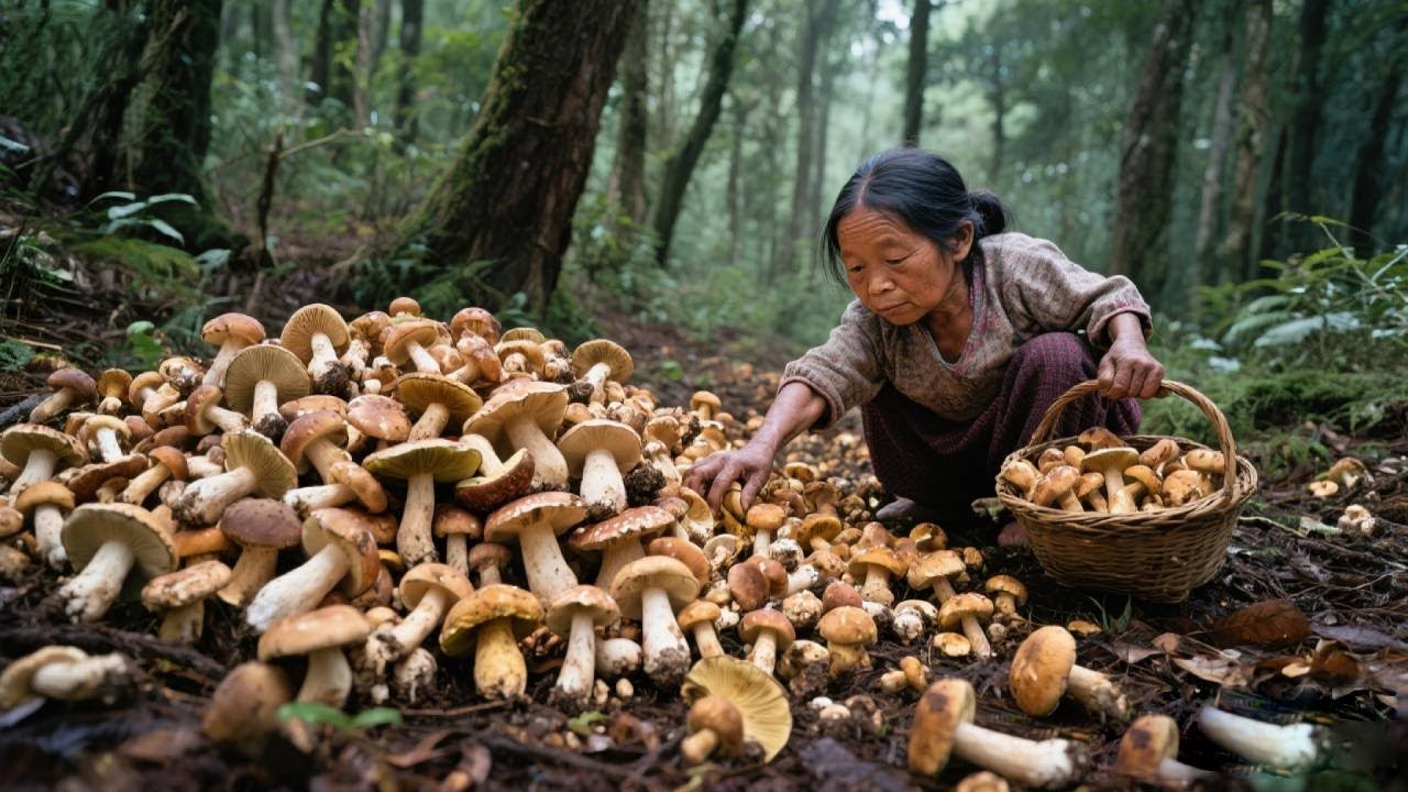 昨天下大雨了，矮人宋姐上山捡菌子，回家给妈妈炒菌子吃！#农村生活#采摘