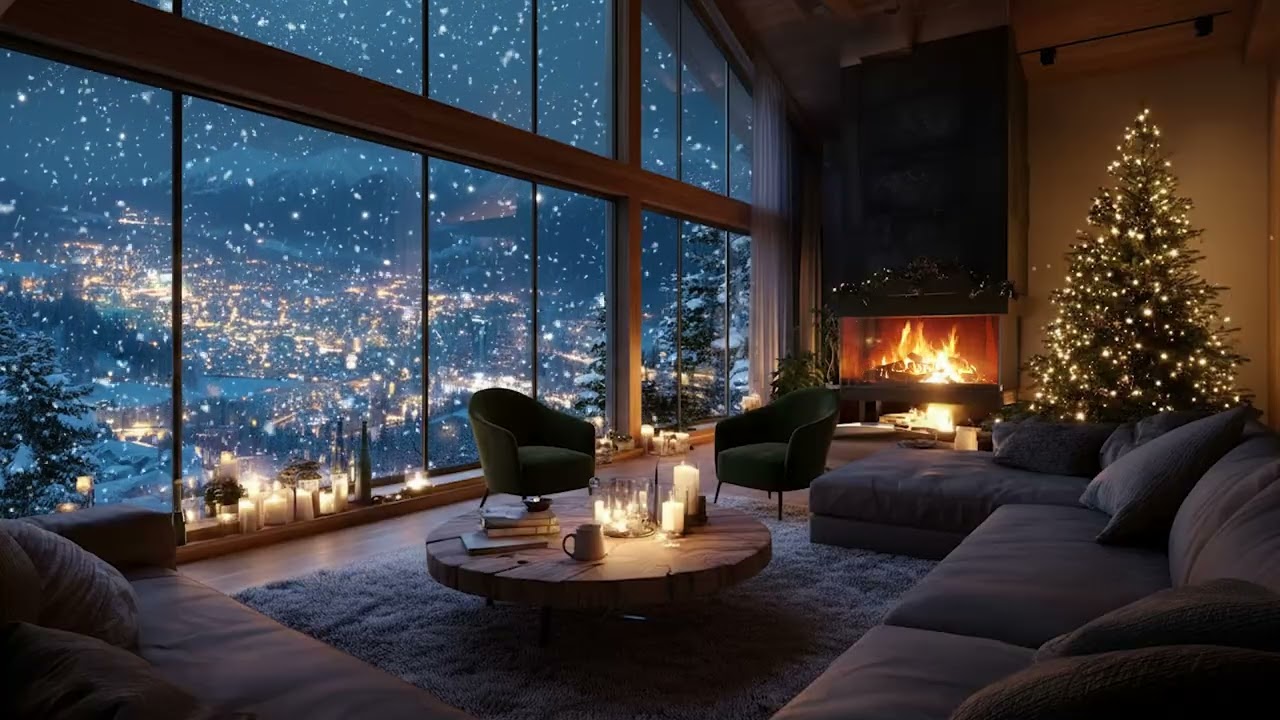 Serene Winter Cabin Piano Nightscape | Fireplace Glow for Calm and Rest