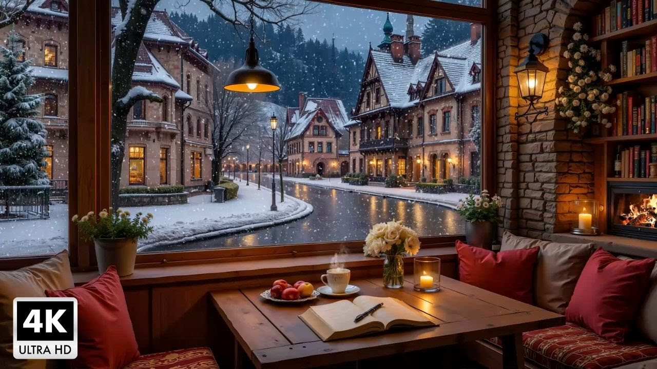 Warm Winter Evening Jazz Music ~ Peaceful Jazz Atmosphere By The Fireplace In Beautiful Coffee Shop