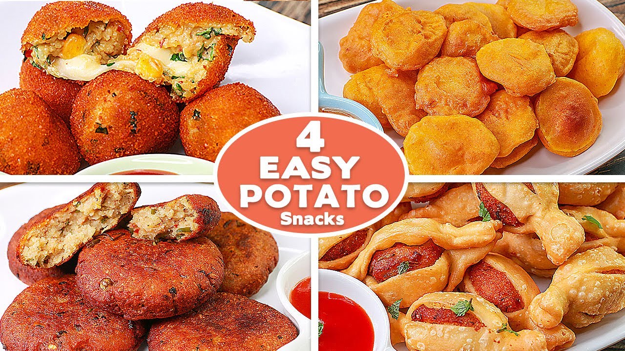 4 Easy Potato Snack Recipes | Aloo Tikki | Cheese Balls | Potato Fritters | Potato Toffee | Toasted