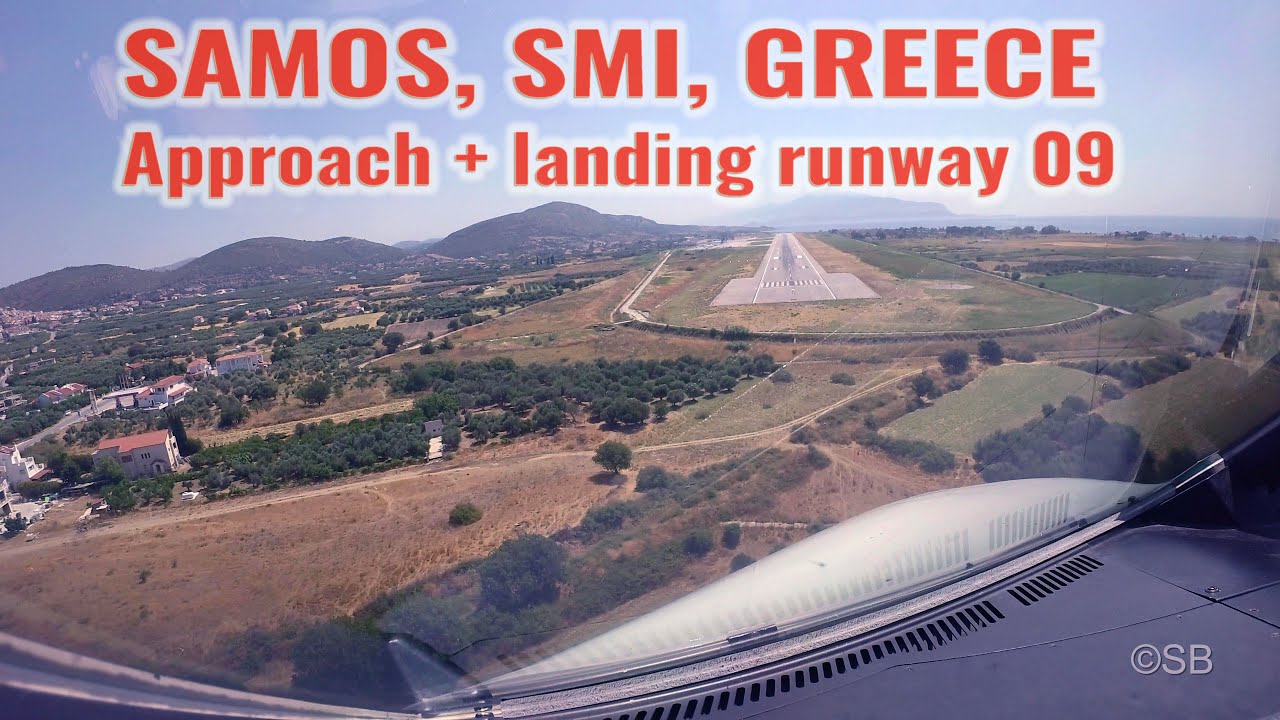 Samos Island, Greece, SMI: Visual approach and landing on runway 09, Airbus 320 cockpit view, 4k