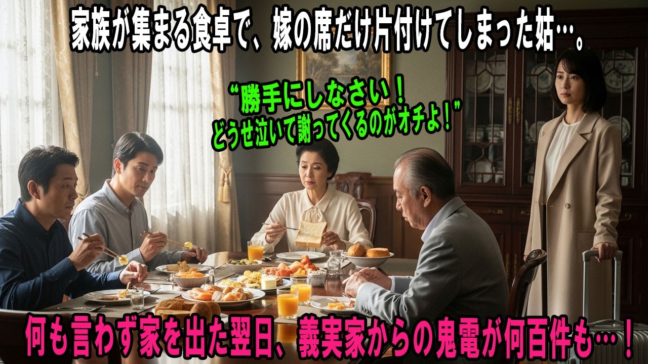 家族が集まる食卓で、嫁の席だけ片付けてしまった姑…。何も言わず家を出た翌日、義実家からの鬼電が何百件も…！