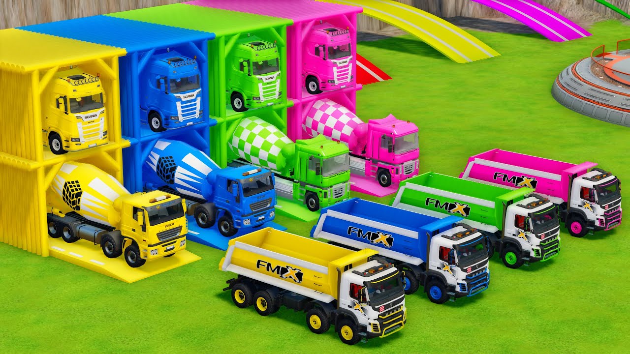 Garage with Colors - ALL MIXER TRUCK WITH DOUBLE FLATBED TRAILER TRUCK, SCANIA, IVECO, ELKON, VOLVO