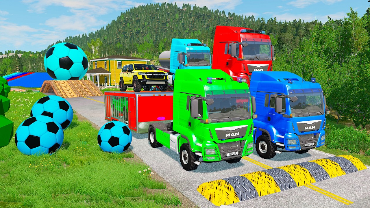 Flatbed Trailer McQueen Transportation with Truck - Speedbumps vs Cars vs Train - BeamNG.Drive #163