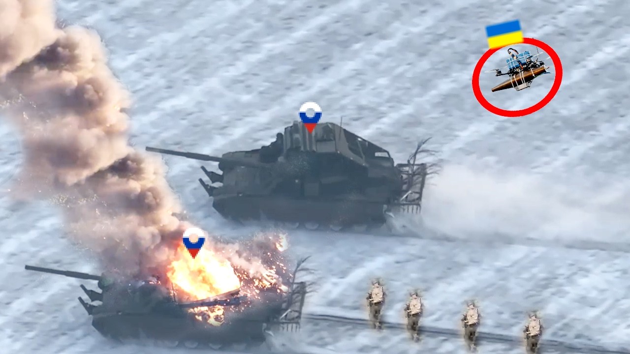 Ukrainian FPV Drones Wipe Out Russian T-72 Tank and crew until it burns