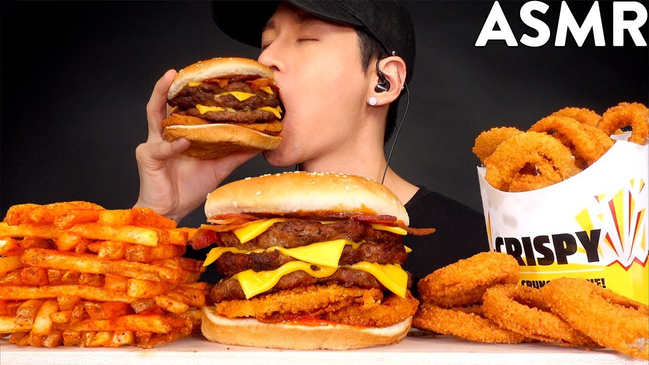 ASMR TRIPLE WESTERN BACON BURGER & FRIES MUKBANG (No Talking) EATING SOUNDS | Zach Choi ASMR