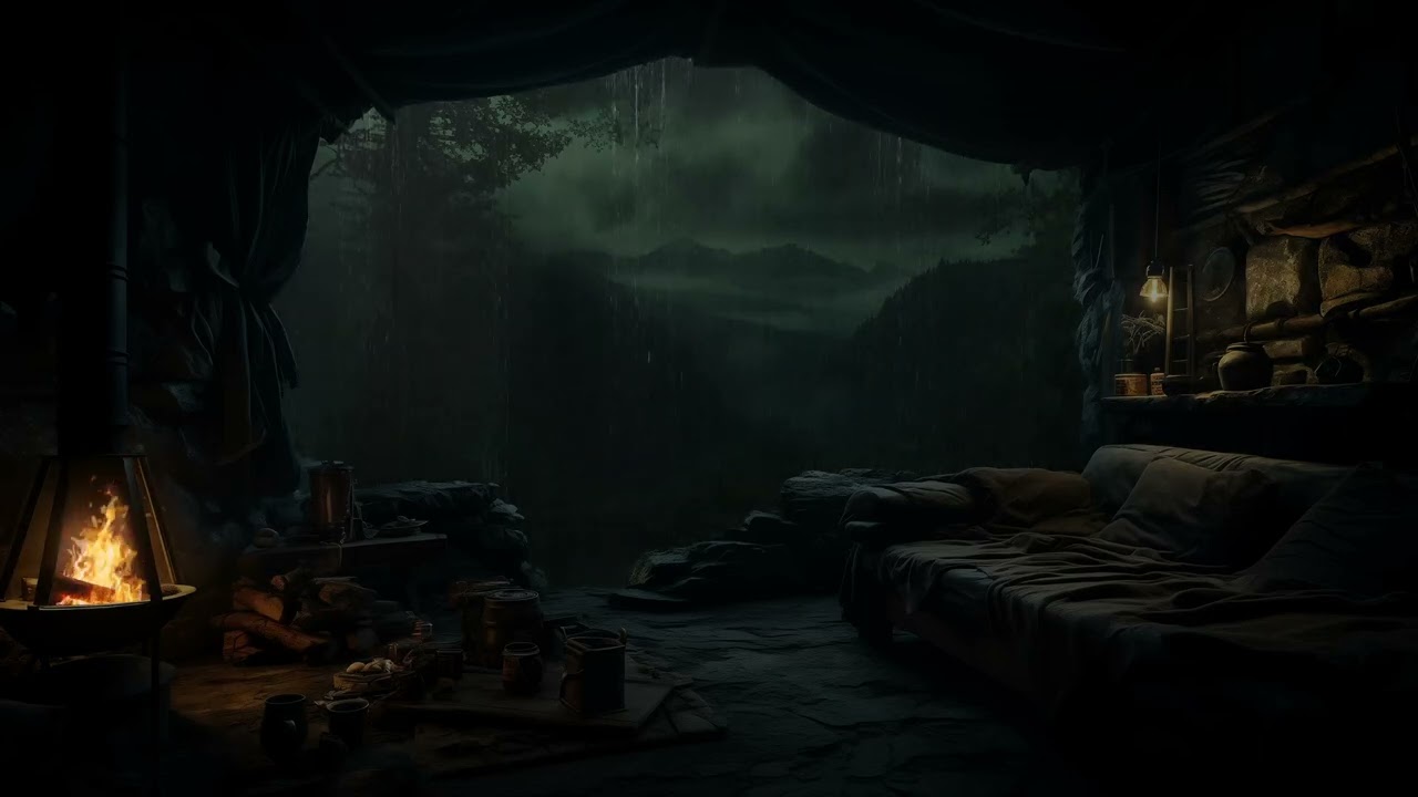 Cave Ambience with Rainfall and Crackling Fire | Gentle Rain Sounds to Deep Sleep