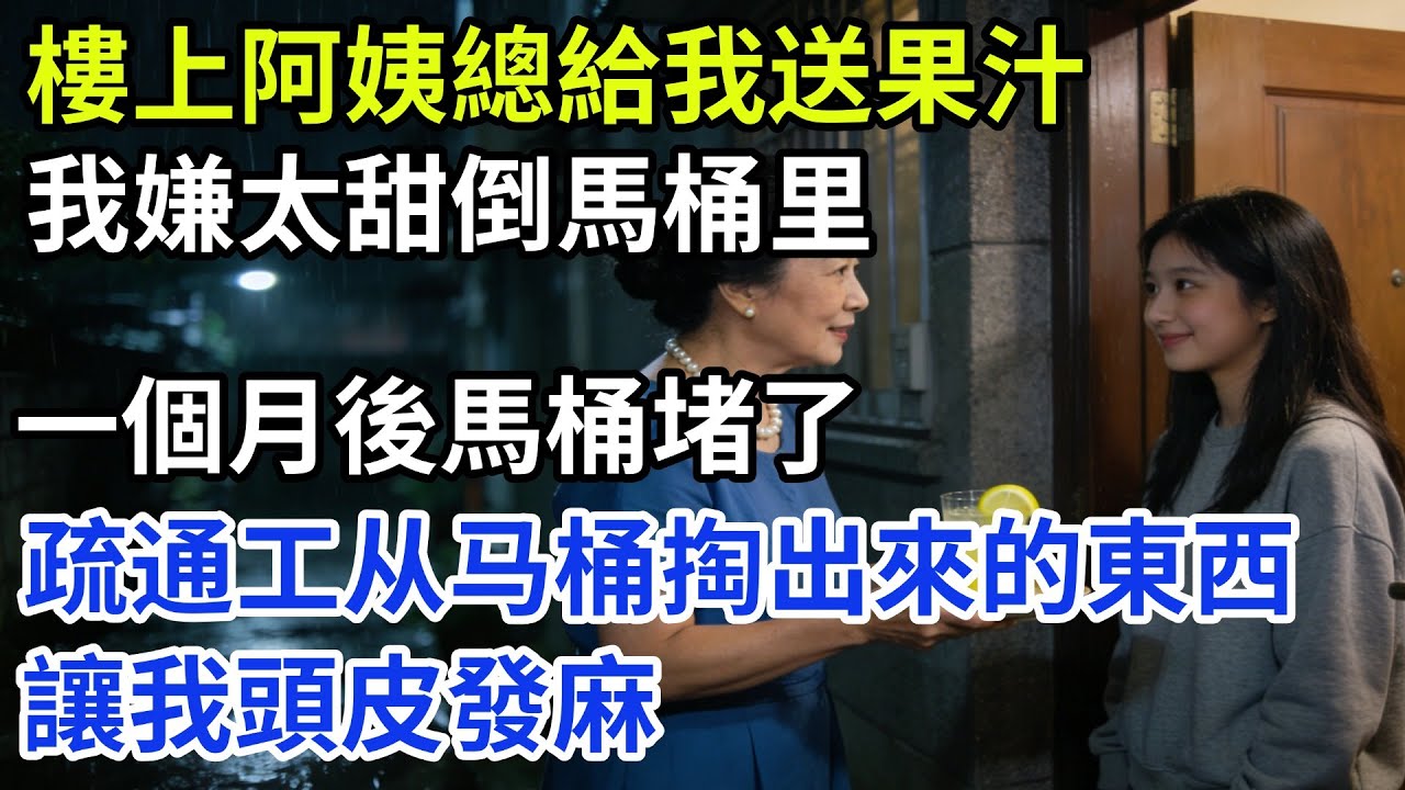 樓上阿姨總給我送自榨果汁，我嫌太甜悄悄倒去馬桶，一個月後馬桶堵了，疏通工掏出來的東西讓我頭皮發麻「歲月長歌」#奇闻故事#奇闻日常 #人间故事 #真实故事#邻居#悬疑#