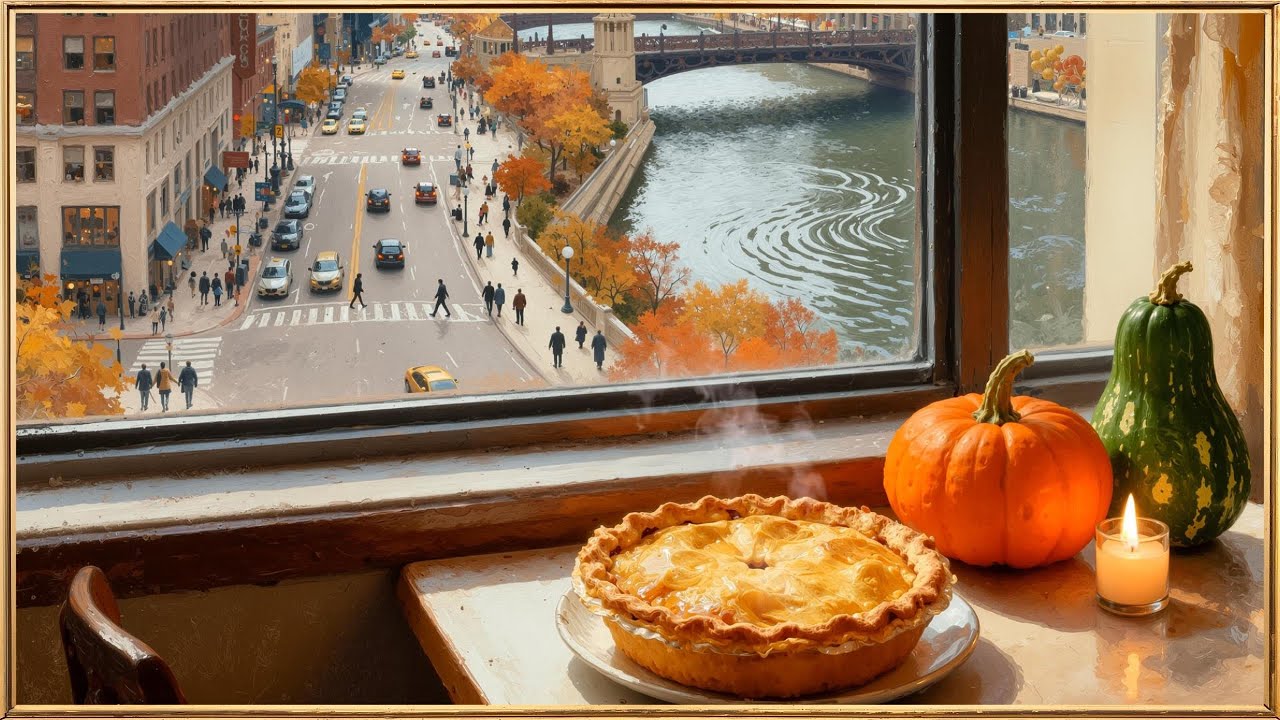 4k | subtle motion🕯️💨 | framed painting for your TV 🍂 Fall time | River along the street | 2 hours
