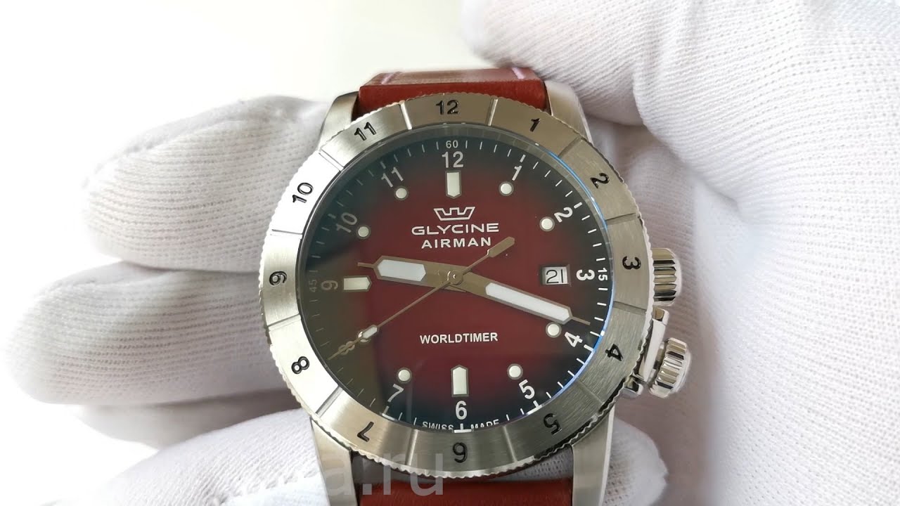 Glycine Airman Worldtimer GL1023 Burgundy Men's Watch | Мужские Швейцарские Часы Гляйсин Глицин