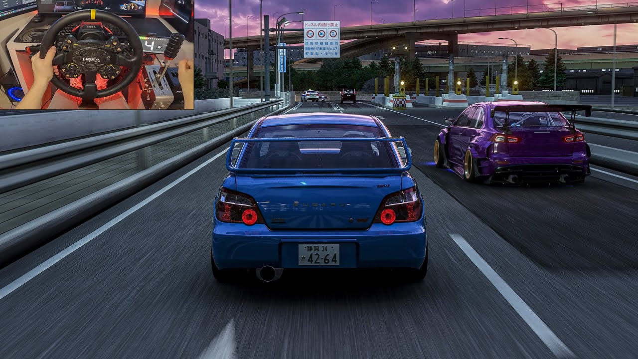 Subaru Impreza WRX STI & Mitsubishi EVO X at Hanshin Expressway - Assetto Corsa | Moza R16