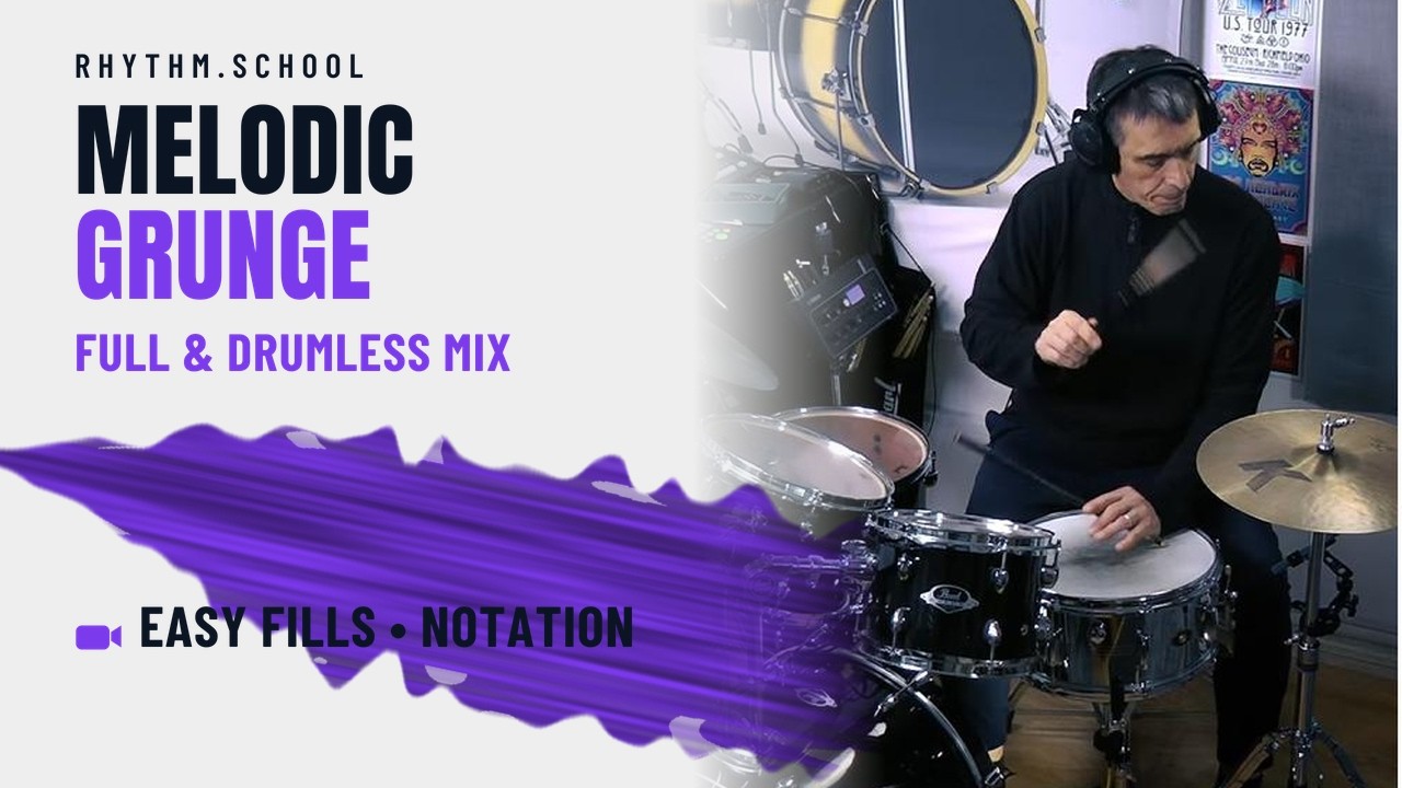 Melodic Grunge Play‑Along – Full Mix & Drumless Versions (Beginner Drummers + Notation)