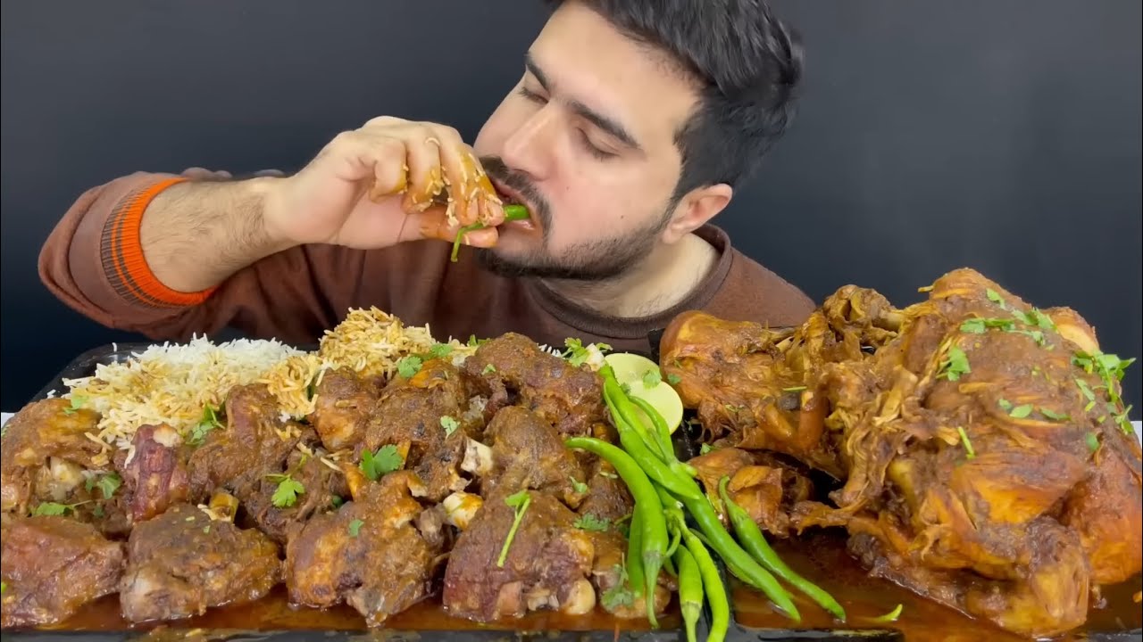 ASMR; EATING SPICY MUTTON CURRY SPICY WHOLE CHICKEN CURRY WITH RICE GREEN CHILLIES EXTRA GRAVY