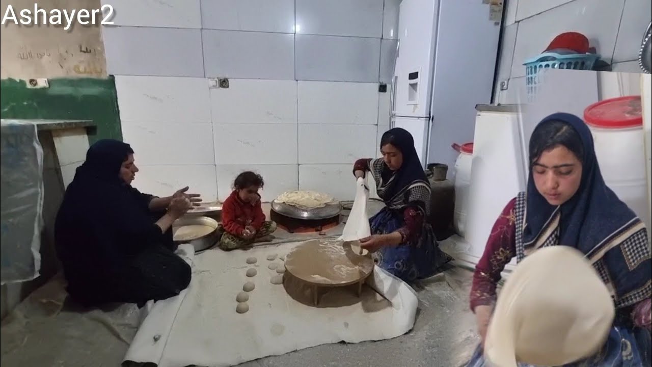 Anis baking local bread and Zeinab helping with it