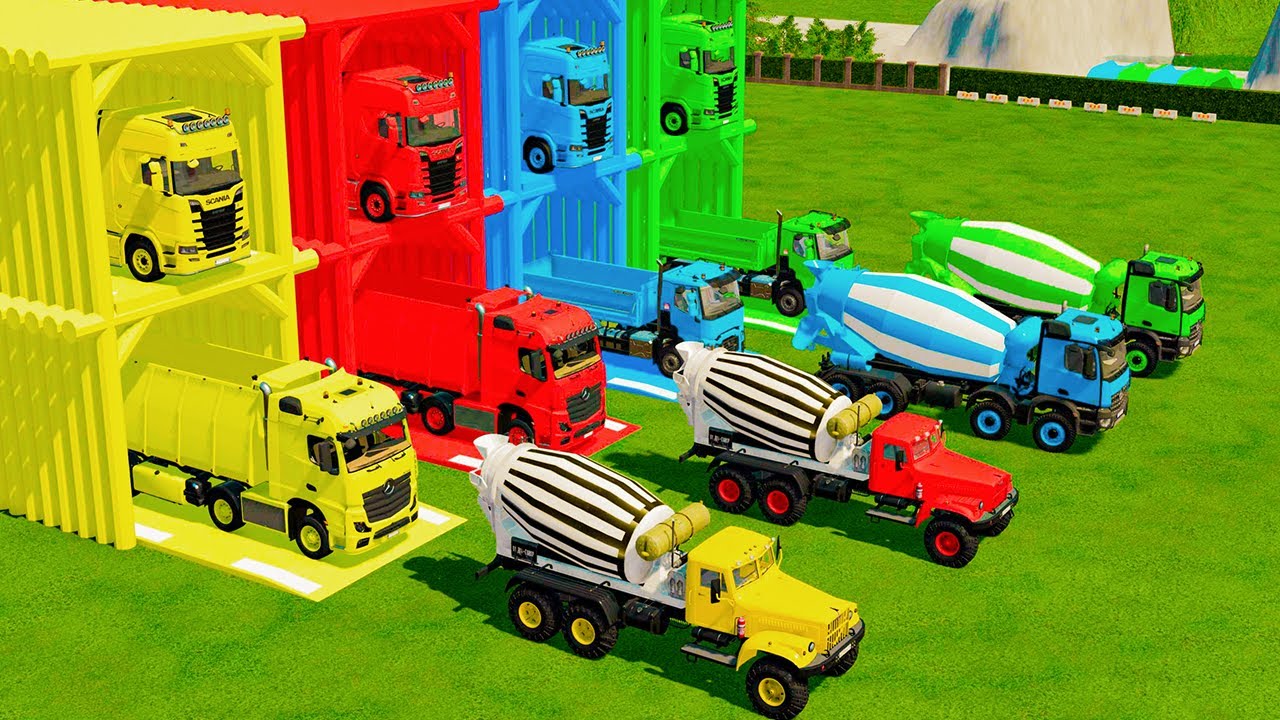 Garage with Colors - ALL MIXER TRUCK WITH DOUBLE FLATBED TRAILER TRUCK, MERCEDES, SCANIA, IVECO, DAF