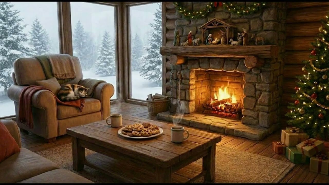 Cabin with snow scene and cozy fire