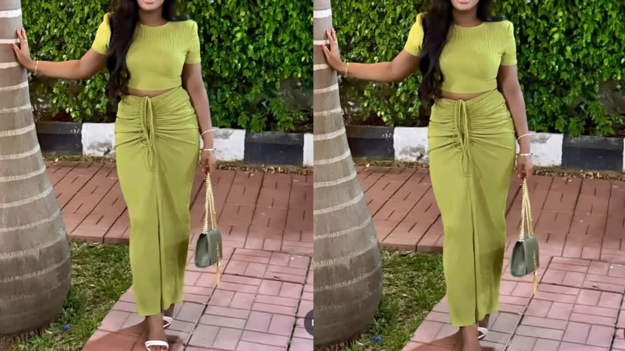 Two piece set ( Crop Top and Ruched skirt) cutting and stitching.
