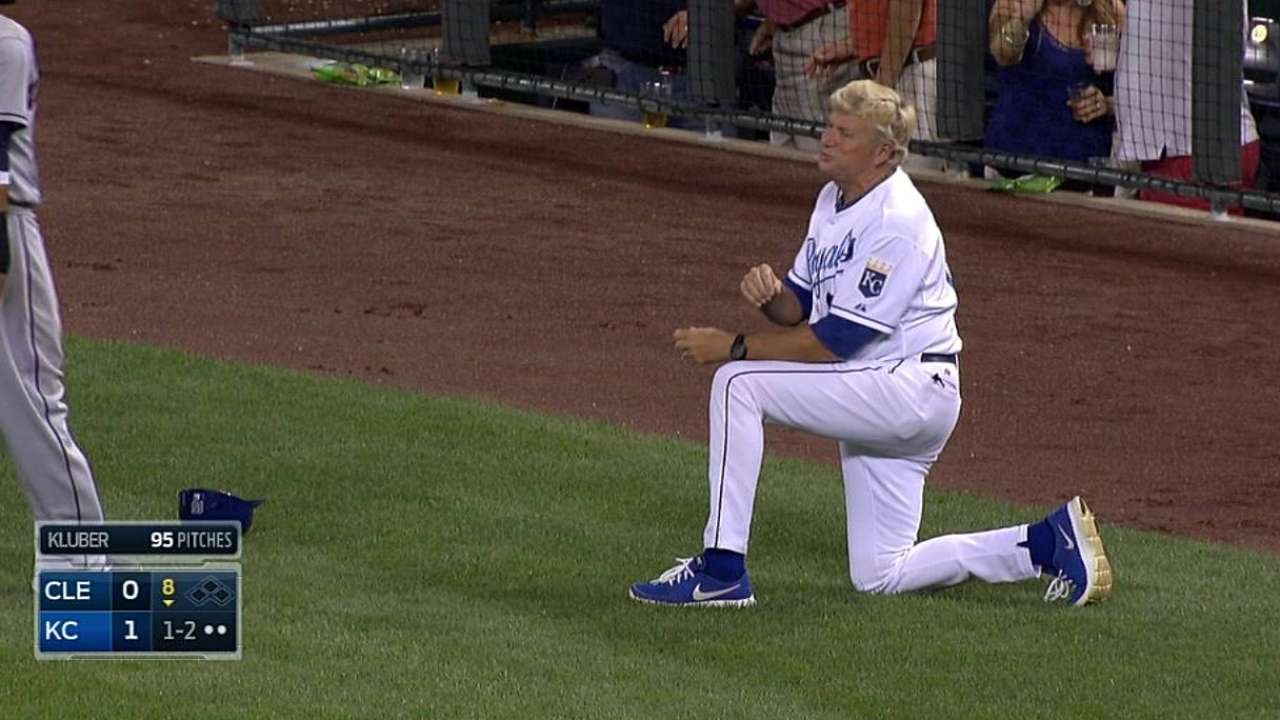 Kuntz takes a tumble on laser foul ball