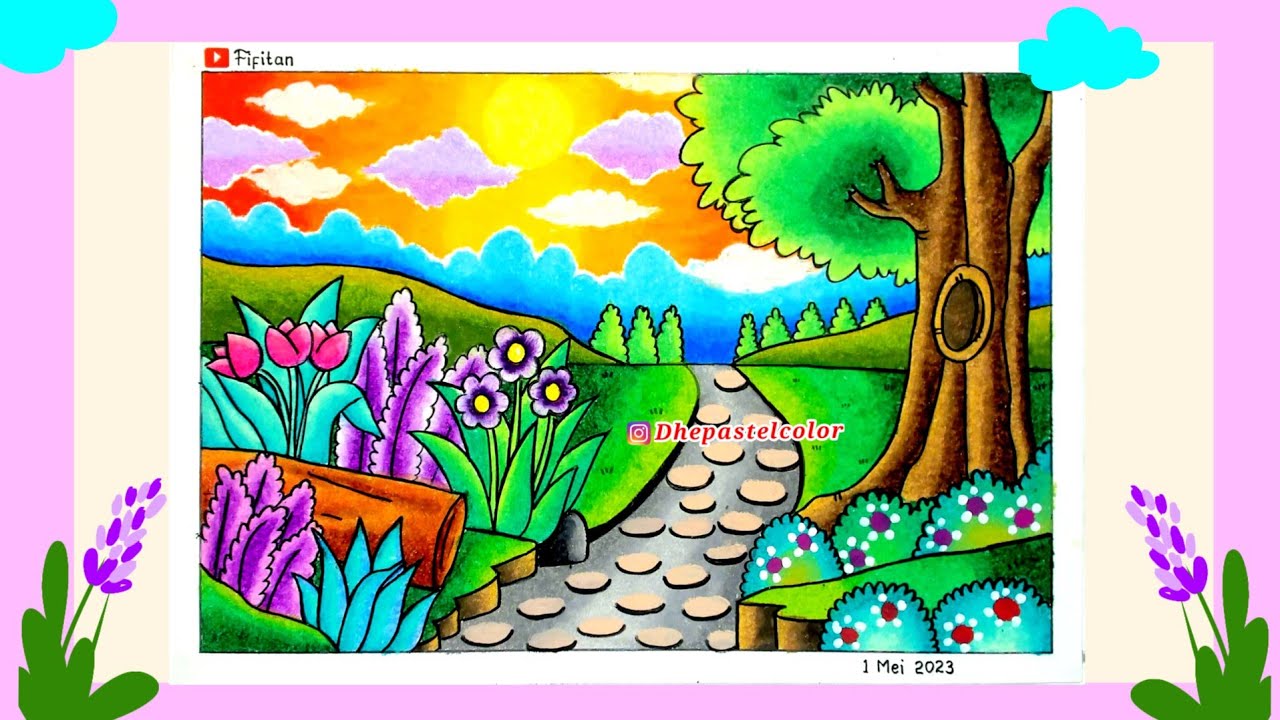 CARA MENGGAMBAR DAN GRADASI WARNA OILPASTEL TEMA PEMANDANGAN SEDERHANA EP 413
