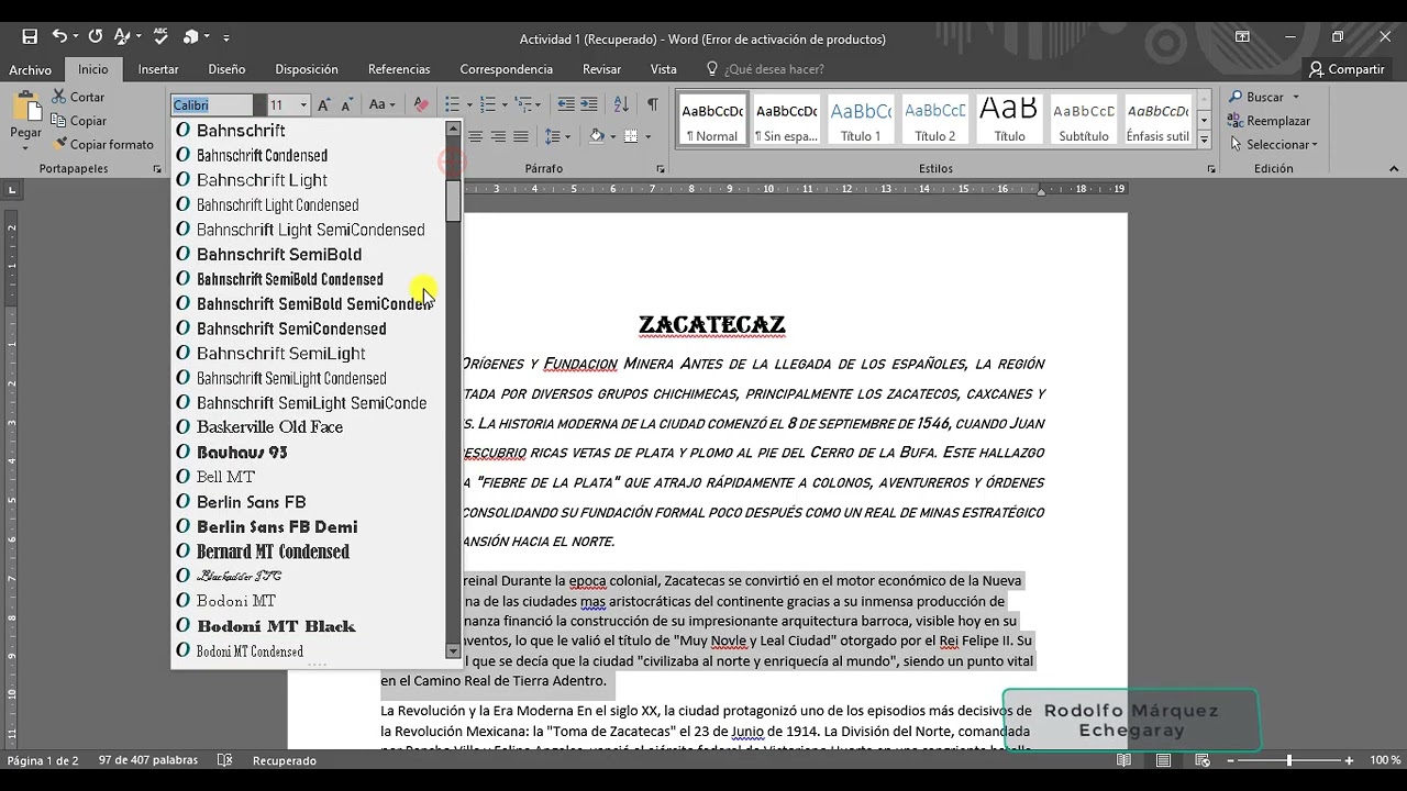 Actividad 1: Configurar página, fuente, párrafo