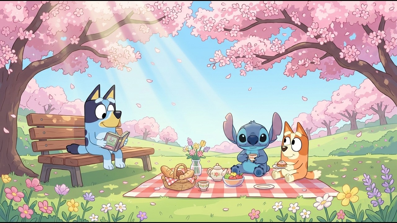 Stitch & Bluey Blossom Field Picnic Time 🌼 Spring Lofi for Sudy & Work ☀️ Fresh Sunny Nature Feel