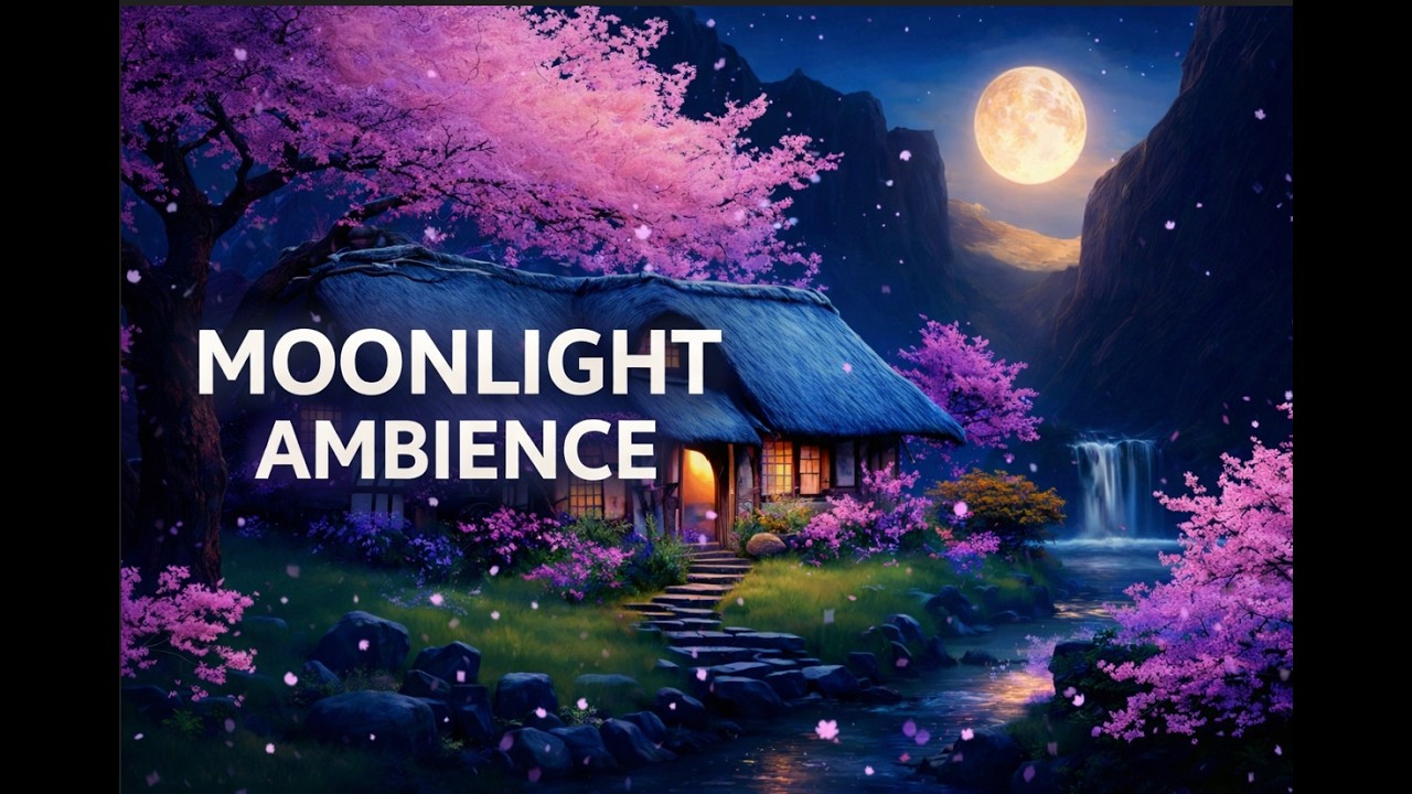 Moonlight Sakura Cottage 🌸 Waterfall Night Ambience for Relaxation (1 Hour)