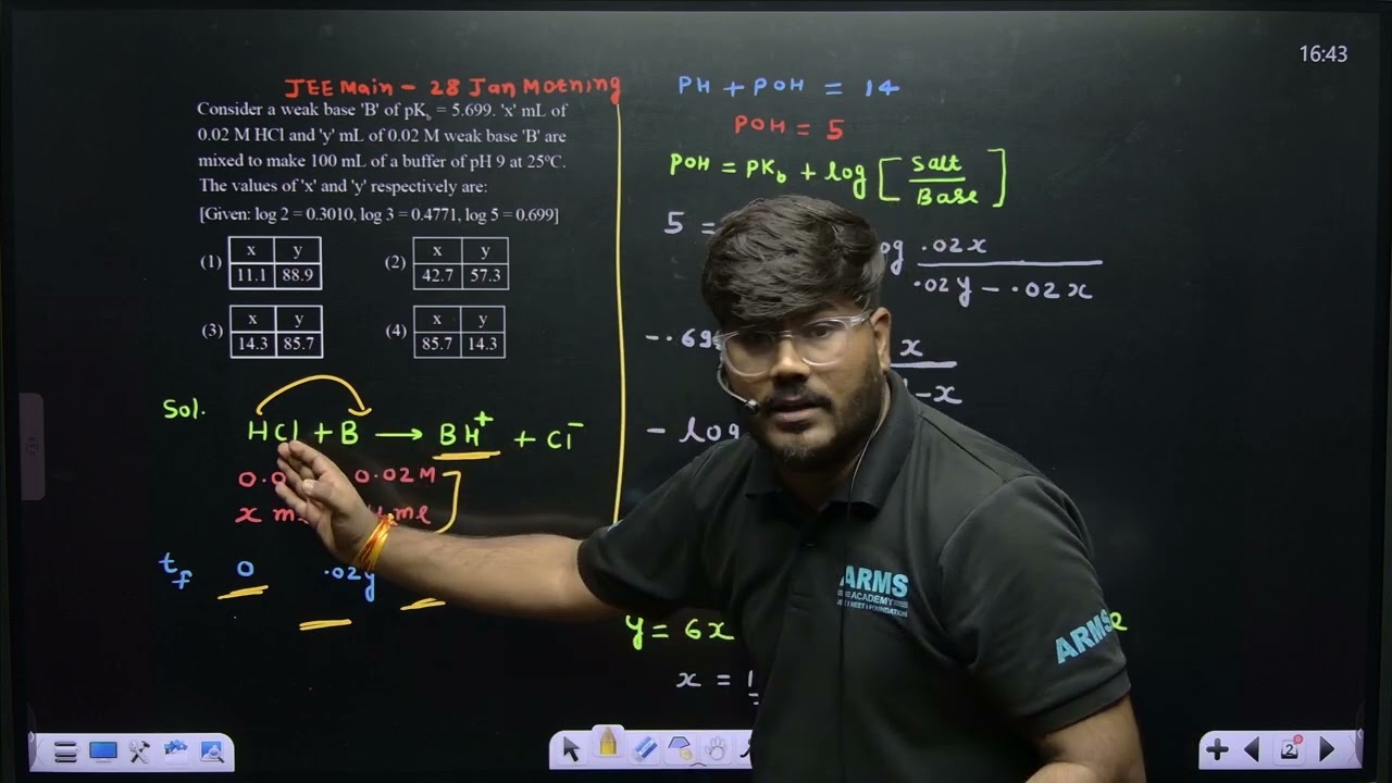 Consider a weak base ' B ' of pKb=5.699. ' x ' mL of 0.02 M HCl and ' y ' mL of 0.02 M weak base