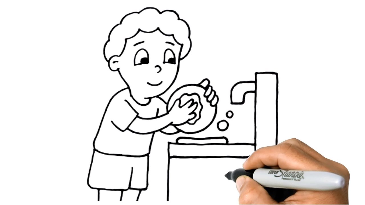 How to DRAW a BOY WASHING DISHES EASY Step by Step