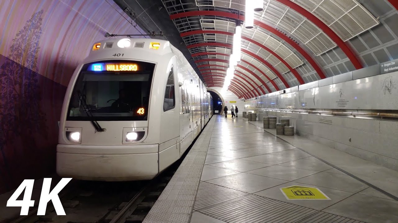 ⁴ᴷ⁶⁰ Portland TriMet: MAX Red and Blue Line Trains at Washington Park