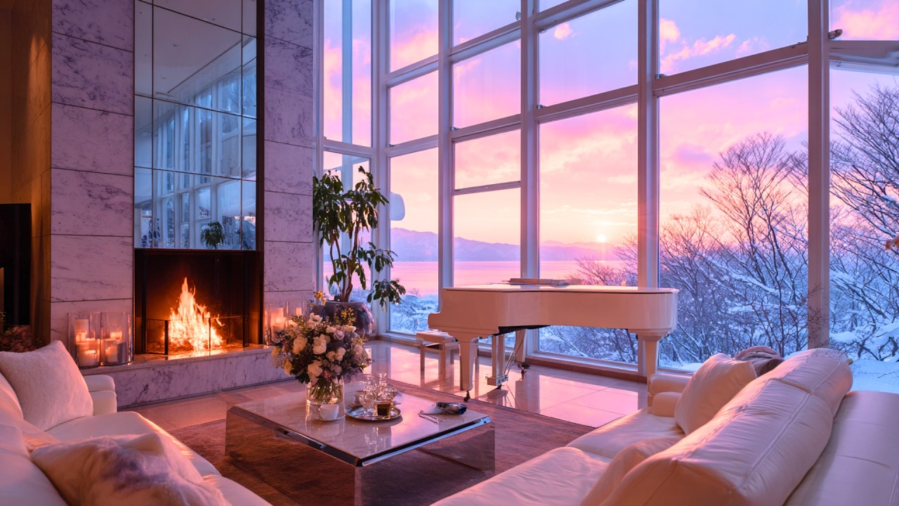 Relaxing Jazz Piano & Crackling Fireplace | Winter Magic Hour for Work & Focus