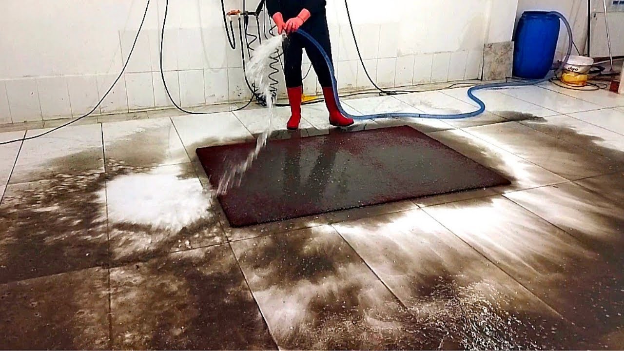 Unbelieveable dirty burgundy color long hair rug washing ASMR