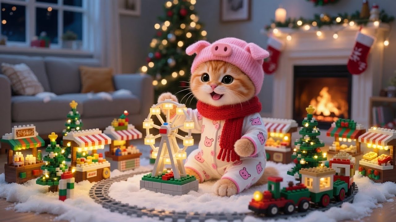 Adorable Ginger Kitten Plays With A Miniature Christmas Market Together With Mama Cat 🎄🐱