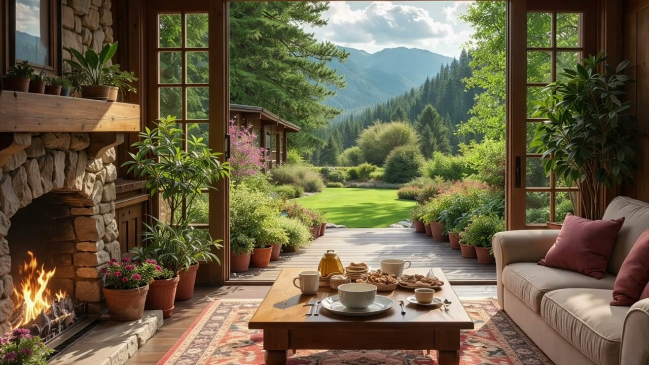 Cozy Spring Morning Piano 🌿 Fireplace & Mountain Garden Ambience 4K (3 Hours)