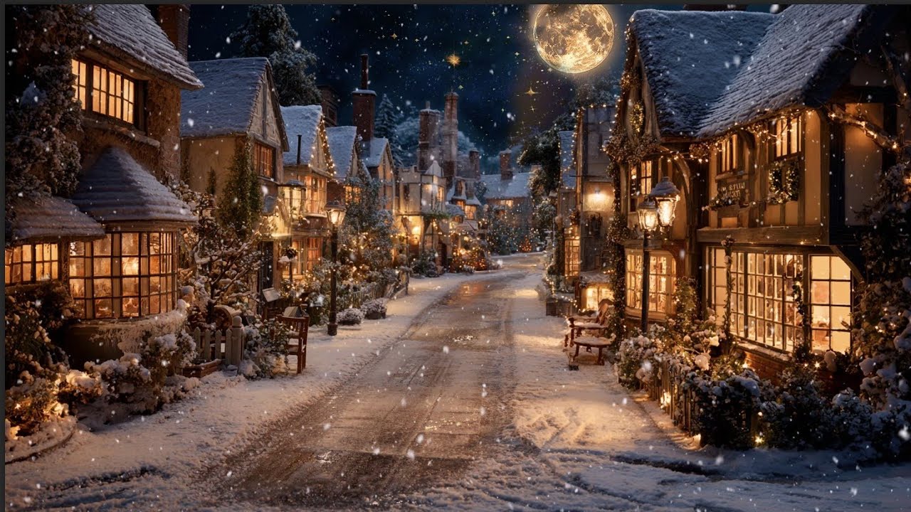 Snowy Moonlight Village / Cozy Cottages / Starry Night / Peaceful Jazz Music