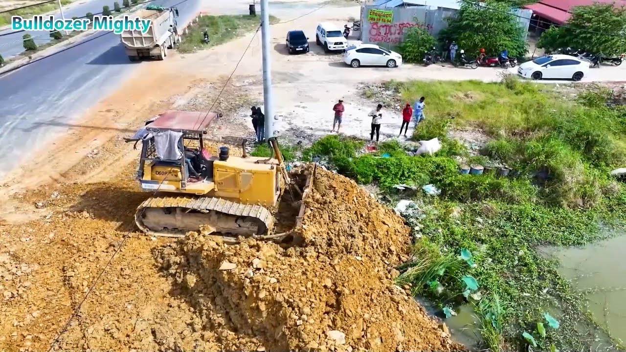 WOW ! Wonderful Dump Truck unloading Rocks & Stone Into water, Bulldozer KOMATSU Working