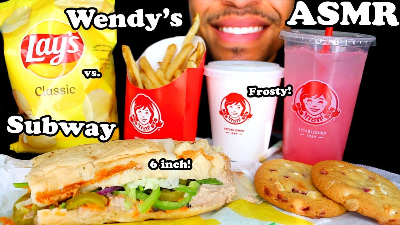 WENDY'S vs. SUBWAY ASMR MUKBANG 6INCH SUB SANDWICH FRIES FROSTY ICE CREAM CHIPS NO TALKING JERRY