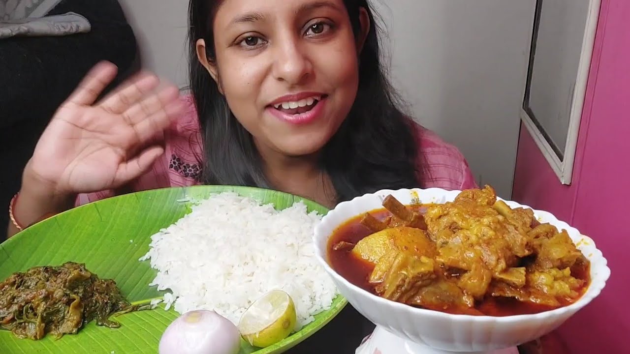 Eating Show- Rice, Spicy Mutton Curry(Lal Lal Mutton), palang saag | poulamieatingshow