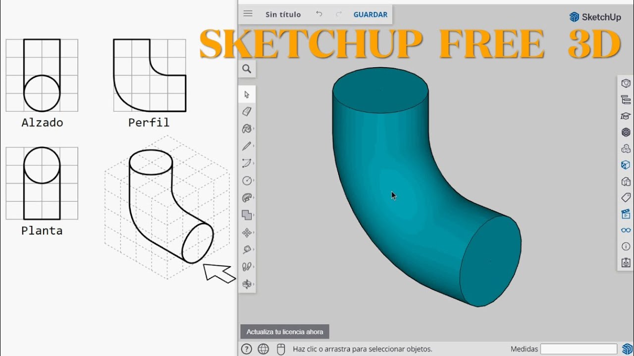 SKETCHUP online 3D. Dibujar cilindro curvado 90º, Picuino 05. Con enlace. Drawing, dessiner.
