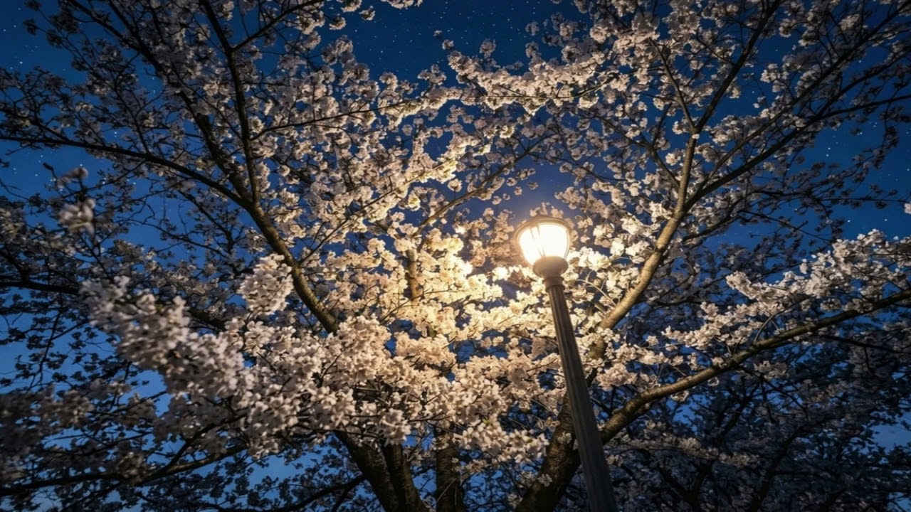 🌸 Cherry Blossoms at Night Under a Glowing Street Lamp | Peaceful Spring Ambience