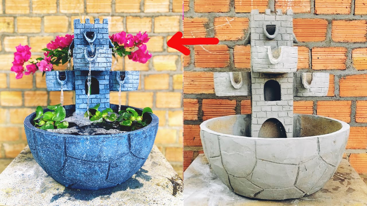 How to make a beautiful waterfall aquarium with cement / beautiful castle-shaped fountain