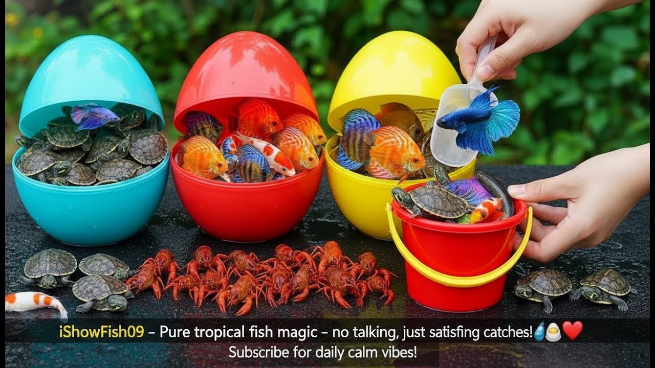 Catch Tropical Fish in Giant Colorful Eggs, Betta Fish, Discus fish, Phoenix Fish Glassfish,Turtles