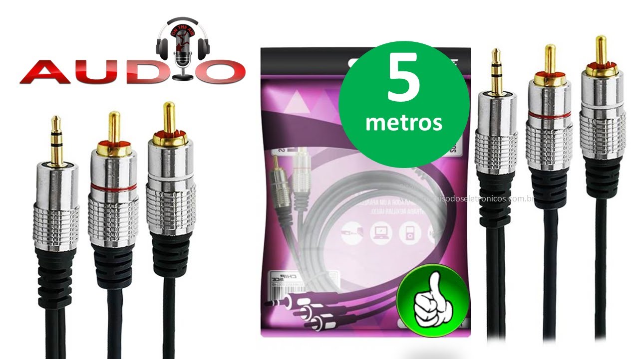Cabo Auxiliar P2 Est&eacute;reo X 2 RCA Uso Profissional Para Celular Instrumentos Eletr&ocirc;nicos 5M 018-0705